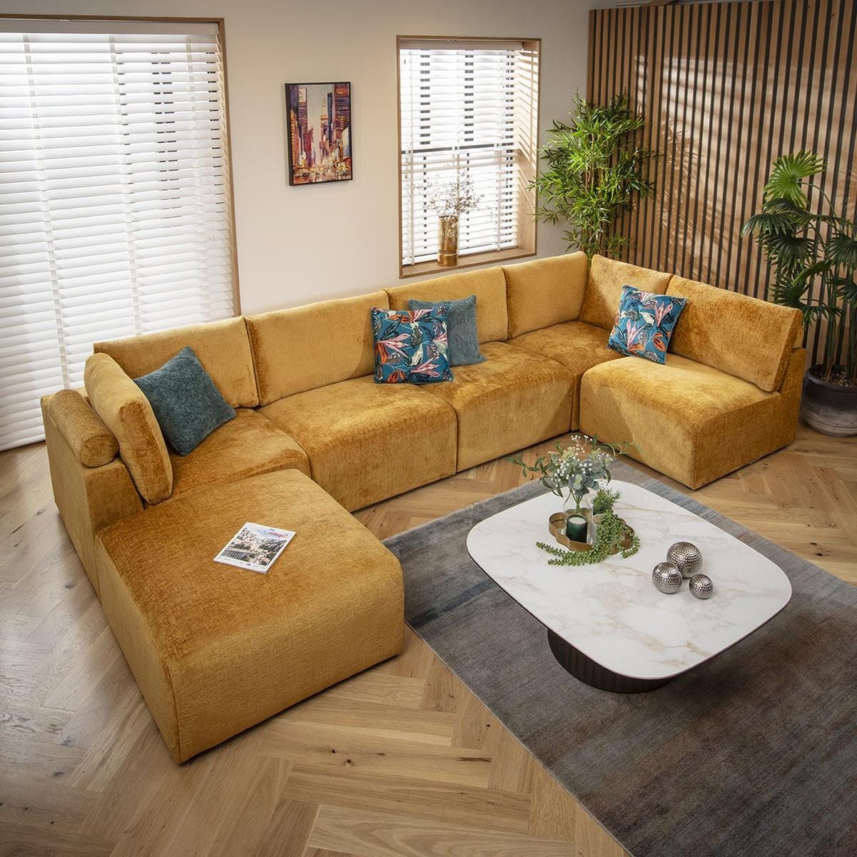 Victoria 6 Seater U-Shape Sofa Mustard Chenille 348x176cm 6R