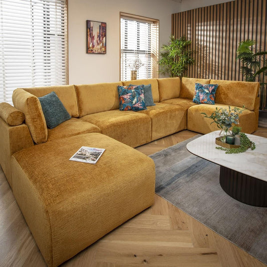 Victoria 6 Seater U-Shape Sofa Mustard Chenille 348x176cm 6R