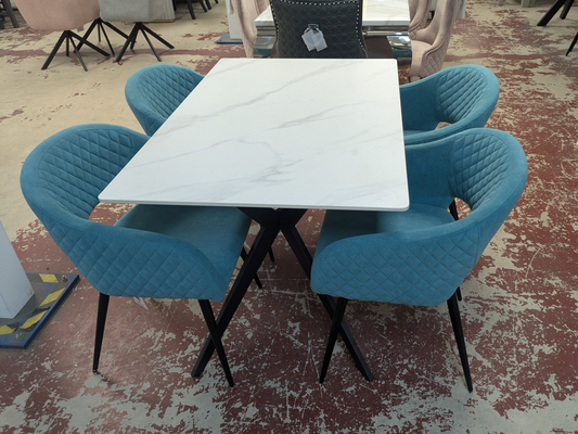 White Timor table + 4x Lucy teal chairs Sheffield Discount Furniture